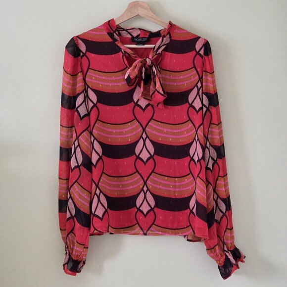 Rachel Zoe Top Womens M Multicolor Hearts Artsy Pullover Tie Neck Blouse LS Boho - Picture 15 of 16